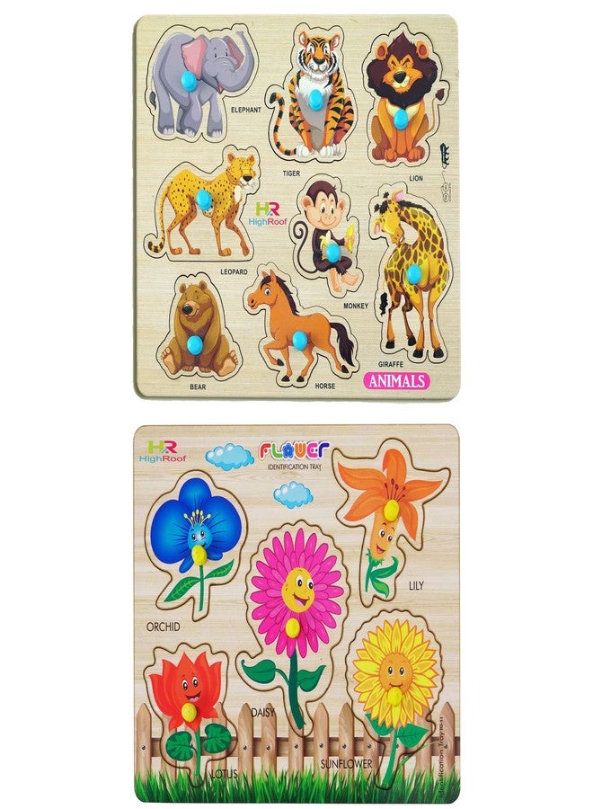 HIGHROOF® Kids Fort Pre Nursery Educational Jigsaw Puzzles for Adults Kids Learning Toys Kit Board Game 2 pcs Set of Animals & Flower Educational Toy - Image 1